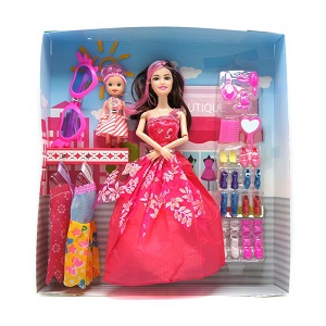 кукла-мама в бальном платье с ребенком, одеждой, обувью, 32*30см, к/к 630к9 изображение кукла-мама в бальном платье с ребенком, одеждой, обувью, 32*30см, к/к 630к9