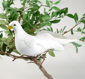 декор. элемент птичка голубь белый на прищепке, перо, пластик, 4449374