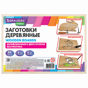 заготовки деревянные для выжигания, без рисунков, 5 шт., 15х21 см, hobby, 665312 /brauberg